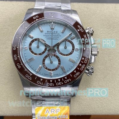 ARF Swiss 4131 Replica Rolex Cosmo Daytona Ice Blue Baguette Dial 904L Oyster Watch 